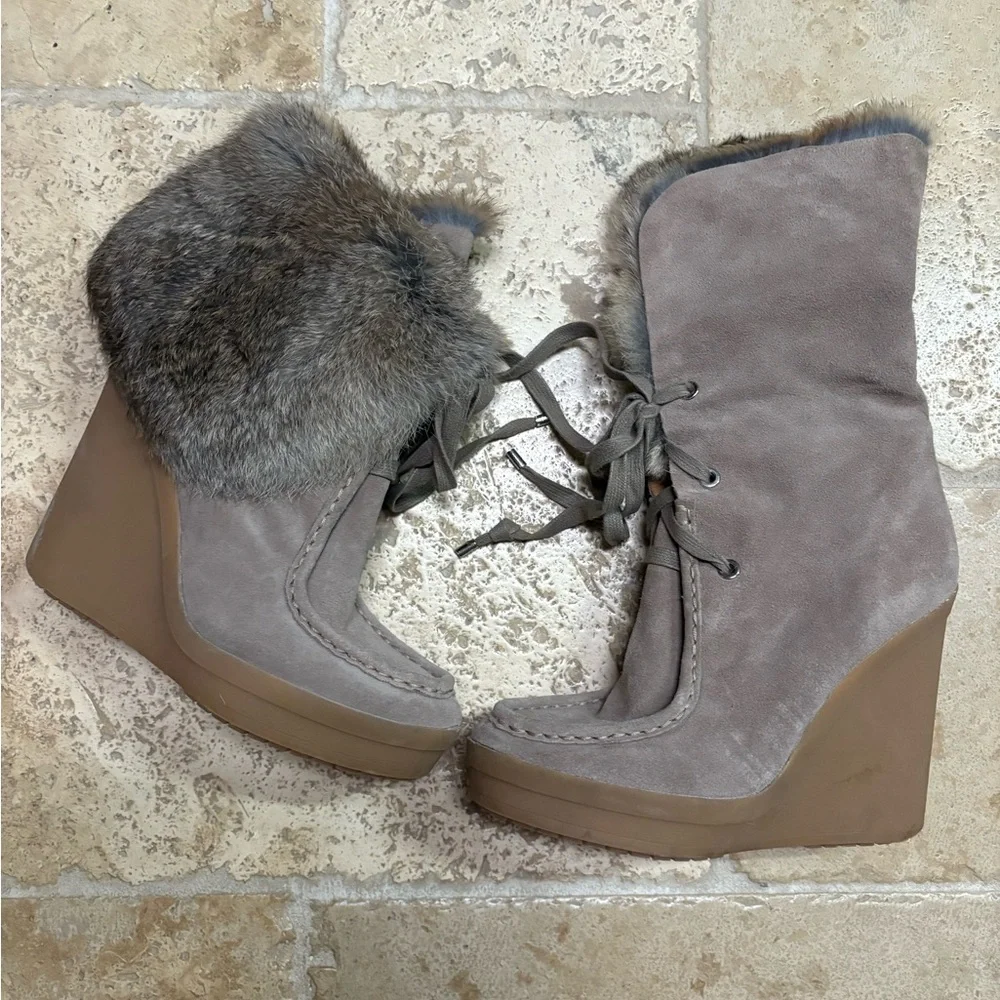 Coach Taupe Suede Wedge Winter Boots with Fur Cuff